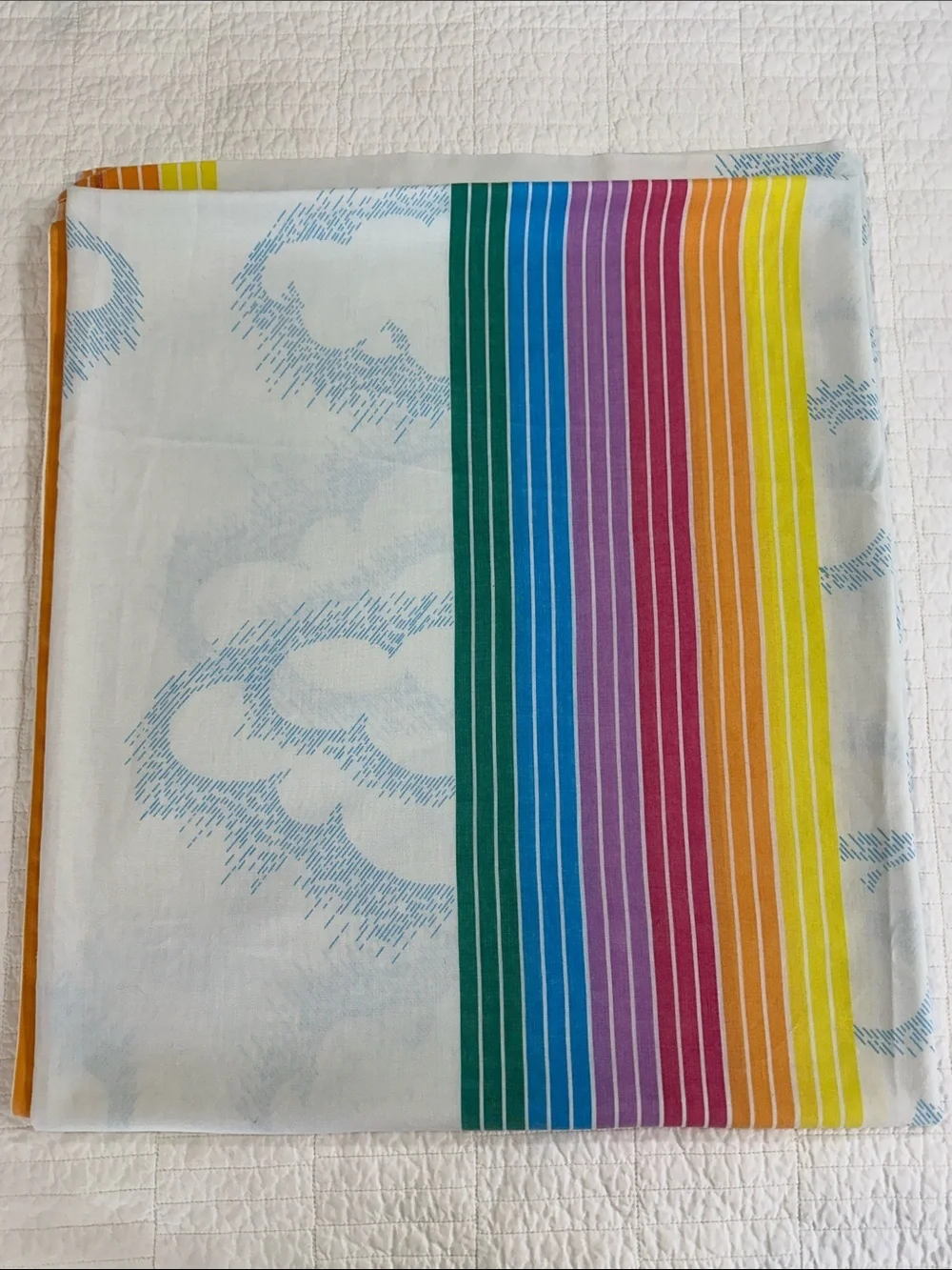 Vintage Full Flat Sheet Rainbow Stripe Cloud Print Cottagecore Retro Bedding